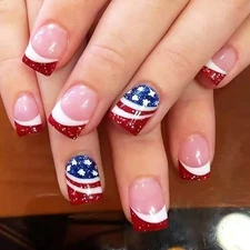 Independence Day Press on Nails Short Square Red French Tip Independence Day 04