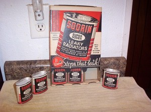 12- VINTAGE CANS of SODRIN SUPER SODER LEAKY RADIATORS w/ STORE COUNTER DISPLAY