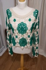  WOMENS CROPPED CROCHET TOP Cream/Green Size Medium