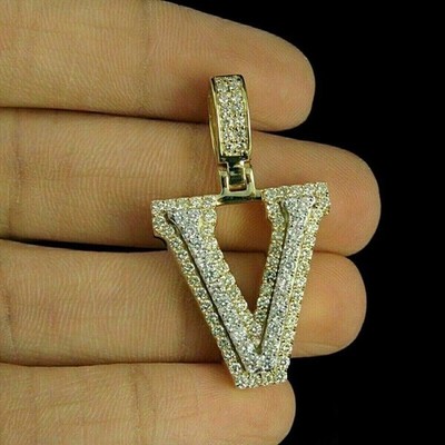 2Ct Moissanite Initial 'V' Letter Charm Pendant 14k Yellow Gold Plated Silver