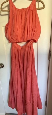 Two Piece Salmon Color Crop Tank Top And High-Waisted Elastic Flowing Maxi Skirt