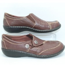 Clarks Collection Brown Pebbled Leather Slip On Loafers Button Detail 6M