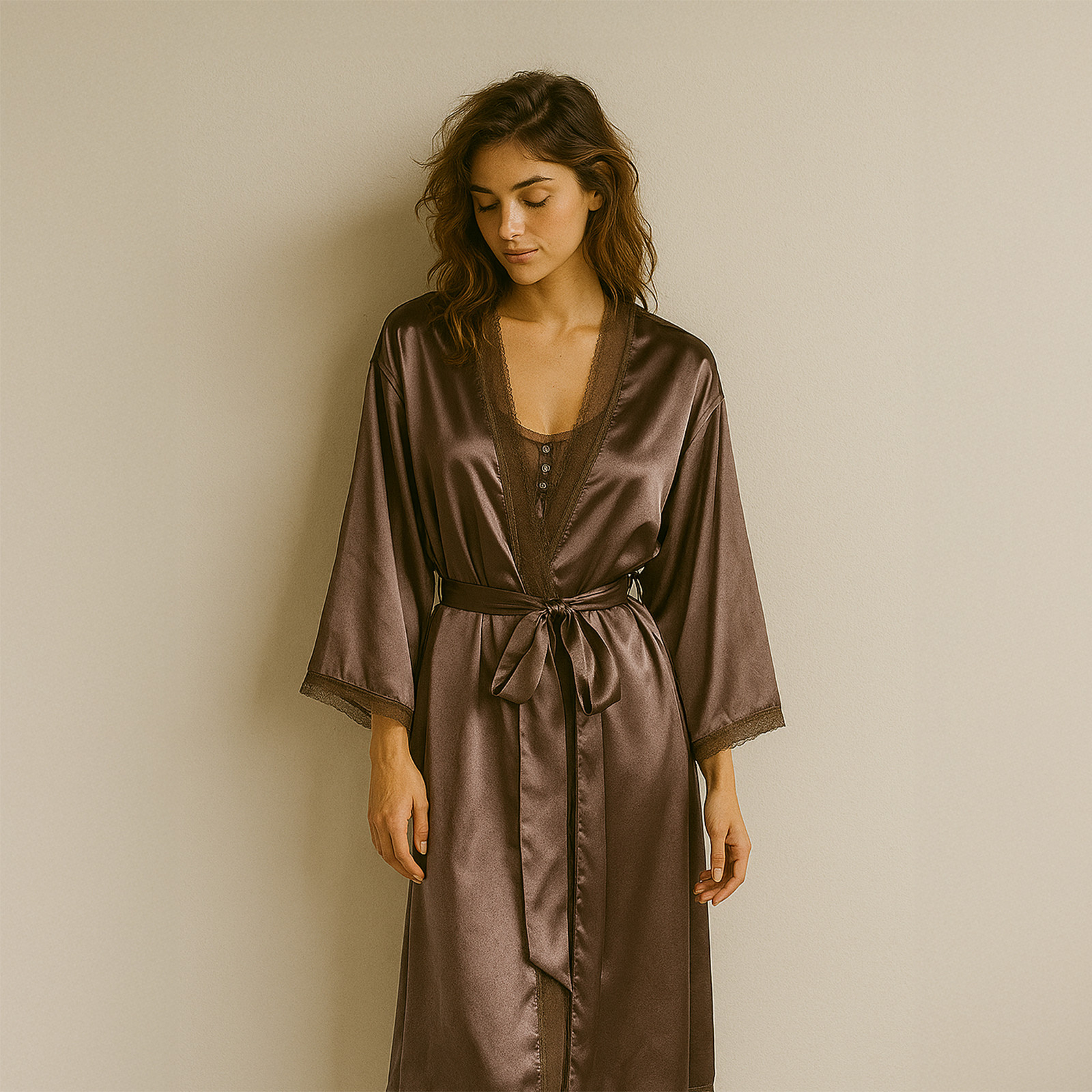 NWT $199 VERA WANG M Glossy Chocolate Satin & Mesh Chemise Nightgown & Robe Set