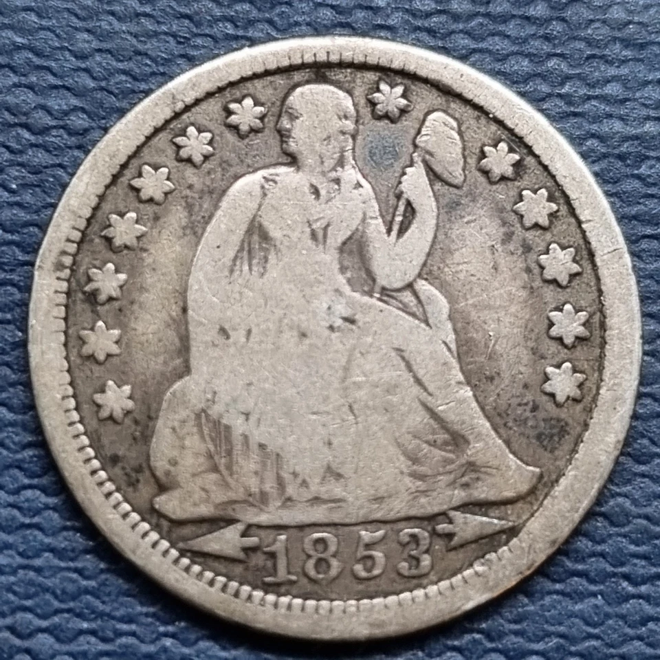 1853 Seated Liberty Dime 10c - ERROR - Lamination Error - Circulated #94574 - Image 2 of 2