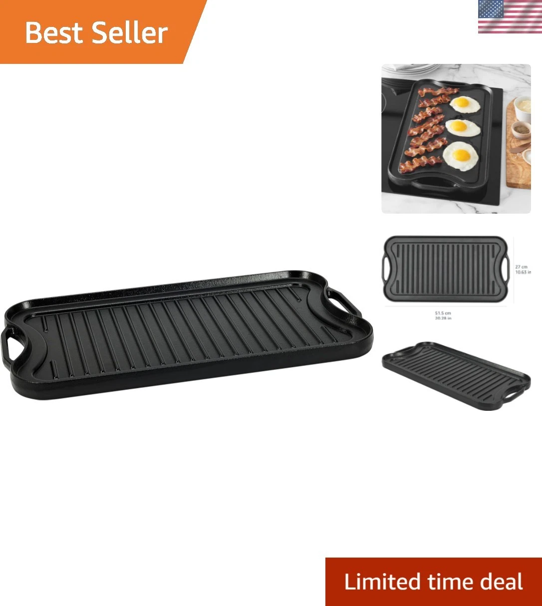 Pre-Seasoned Cast Iron Reversible Rectangular Grill/Griddle with Even Heat Di...