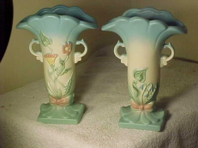 NICE PAIR of Vintage Hull Art Pottery Bow Knot Vases B 8 8 1/2