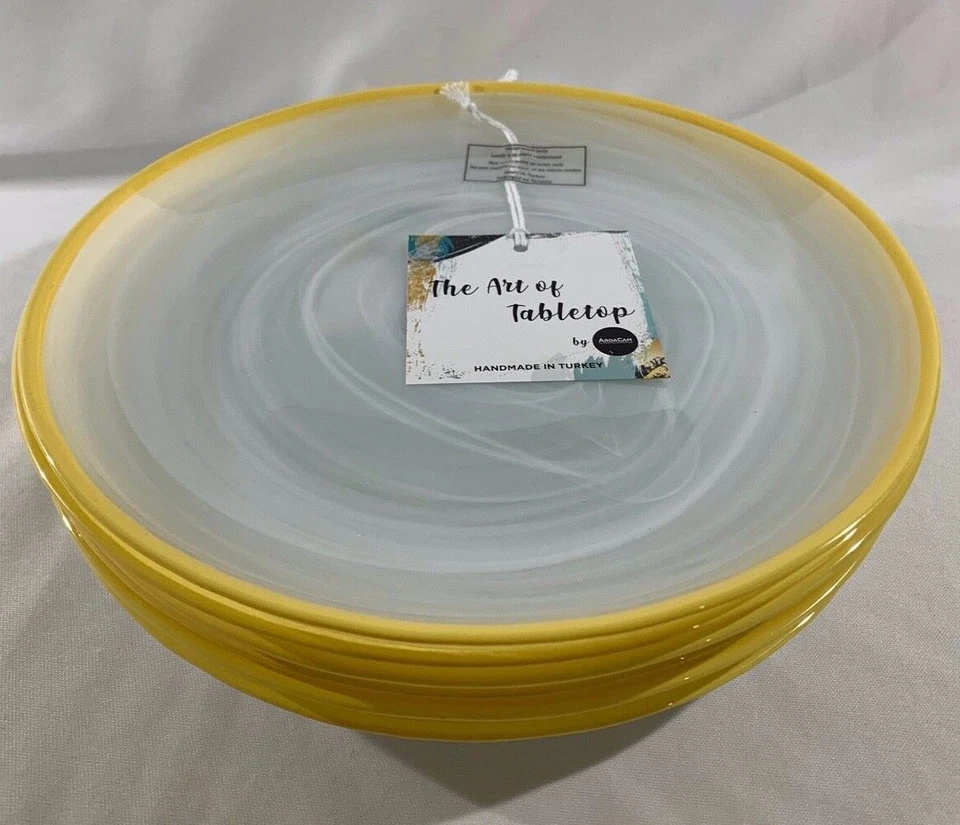 Set of 5 Turkish WHITE SWIRL GLASS SALAD PLATES w/Yellow Trim, 8 1/4" - NEW - Image 4 of 4