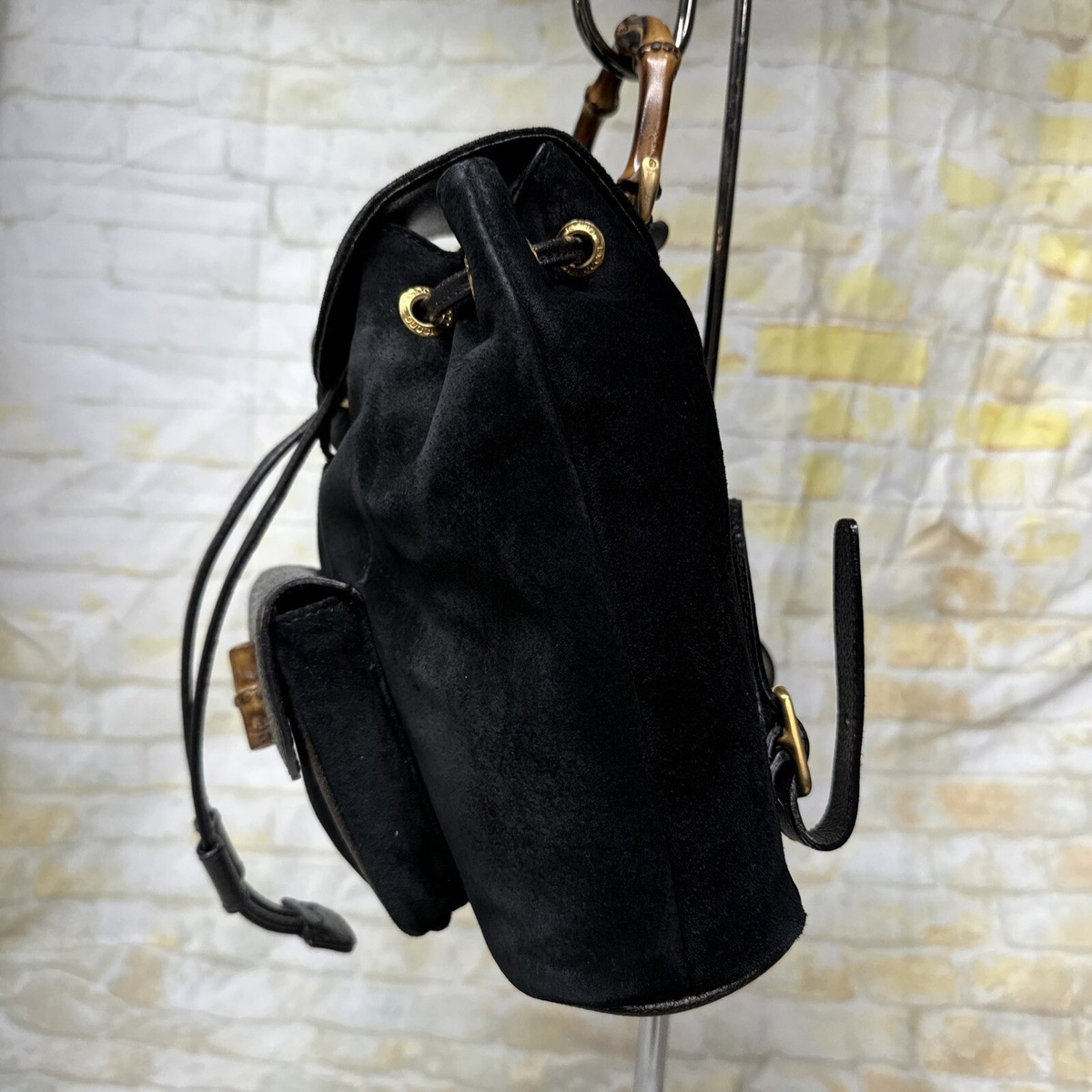 Gucci Bamboo Suede Leather Backpack Black Small Used Bag