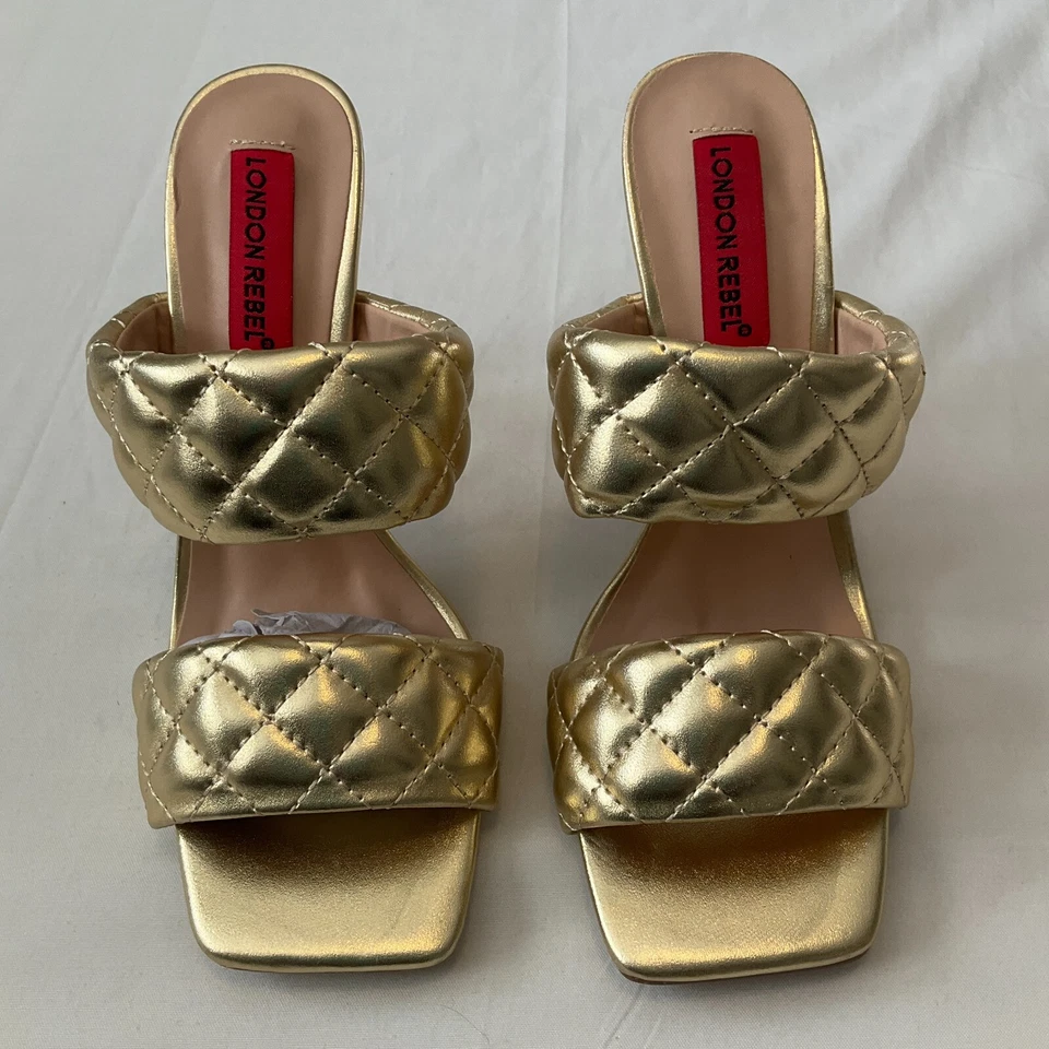 Sandalias mula London Rebel de tacón alto sin cordones para mujer talla 6 acolchadas doradas Foto 3 de 4