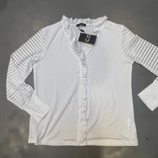 C.O.Z.Y White Blouse Size Medium Button Up Long Sleeves  Ruffles  Sheer Stripes