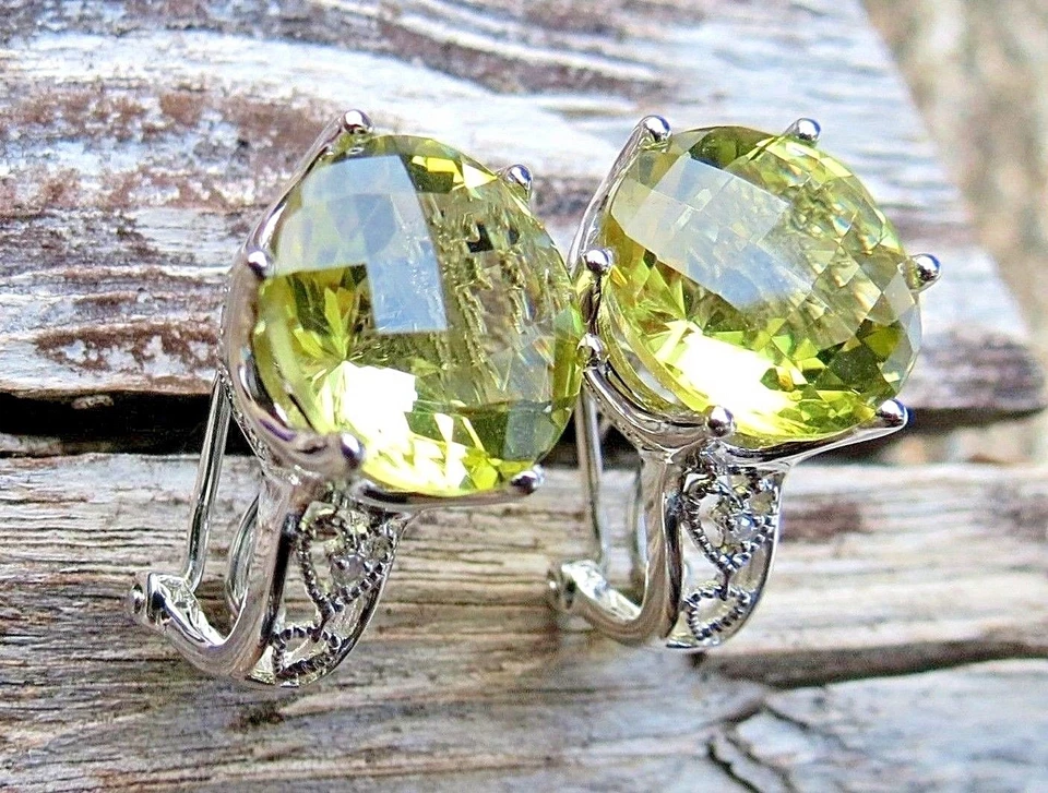 FANCY 14K WHITE GOLD QUARTZ & DIAMOND CROWN EARRINGS - Image 2 of 4