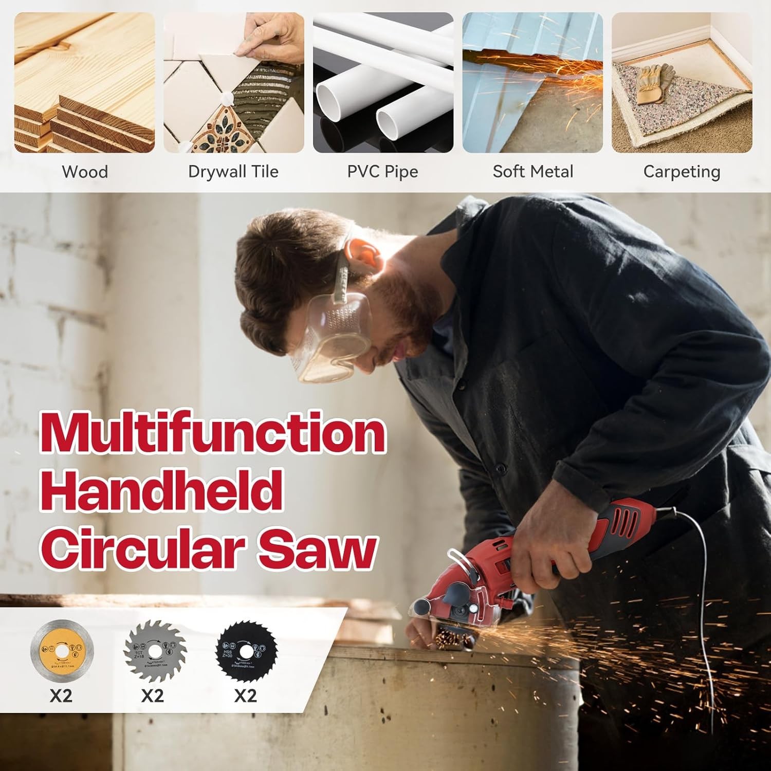 Corded Mini Circular Saw, 400W 110V 3400RMP Multifunction Handheld with 6 Red 