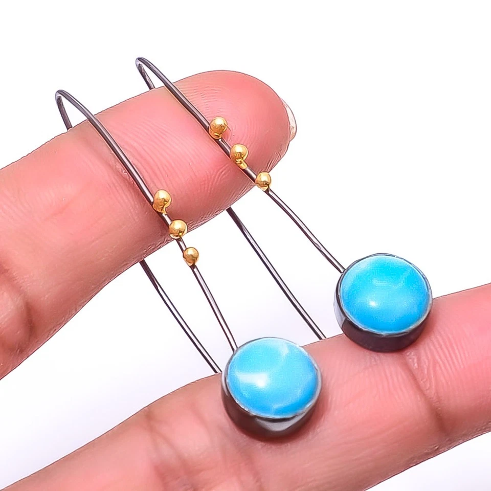 Larimar 925 Sterling Silver Black And Gold Rhodium Plated Earring 1.95" E52 - Image 4 of 4