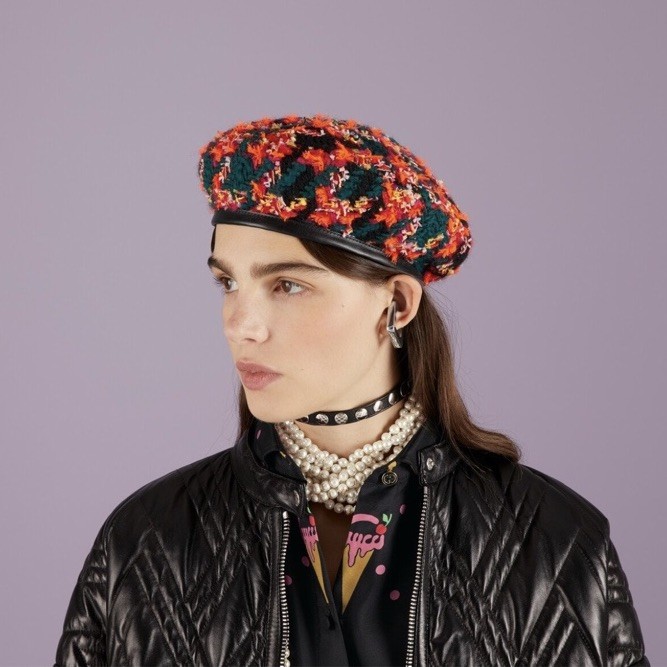 GUCCI BERET CHECK LAME TWEED WOOL BLEND HAT w G LOGO $610 sz S 56cm NWT GUCCI LAME BERET CAP Check Lame Sz S Multicolour Violet  main image 4