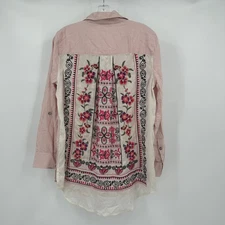 John Mark Women Eclectic Embroidered Button Top M Boho Artisan Cottage Noir