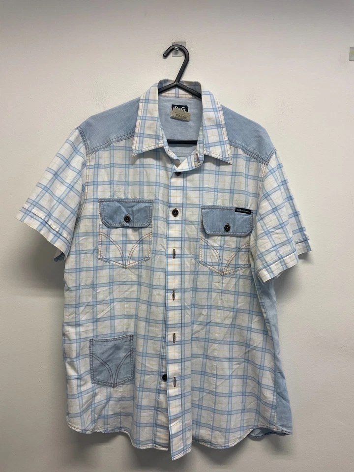 DOLCE& GABBANA PURE COTTON SS SLIM FIT SHIRT IN BLUE CHECK SIZE XL EC (S825) - Image 1 of 4
