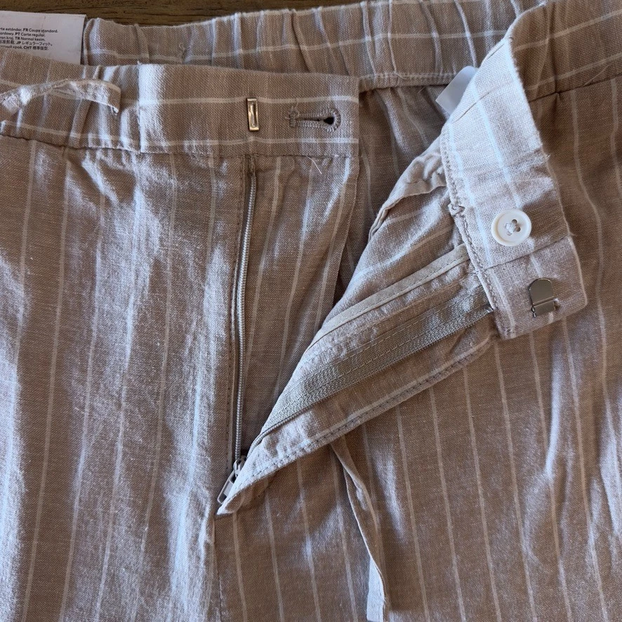 NUEVO H&M Pantalón Edición Limitada Rayas Lino Mezcla Algodón-Cintura Elástica-Beige-Talla M