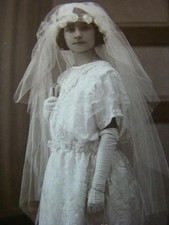 Antique 1922 PHOTOGRAPH Postcard, Beautiful Little Girl, COMMUNION GOWN  Veil
