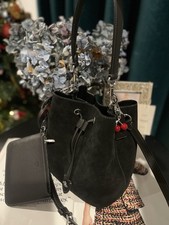 Coach Rowan Bucket Bag With Cherry Charm CCZ89 Suede/Silver/Black  Pouch NWT