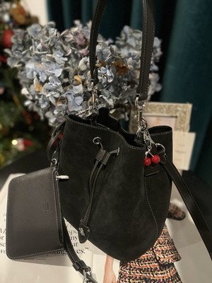Coach Rowan Bucket Bag With Cherry Charm CCZ89 Suede/Silver/Black + Pouch NWT