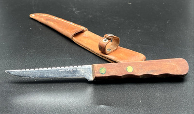 Vintage KA-BAR Carbon Chrome Fishing Knife Fillet Scaler Wood Handle w/ Sheath