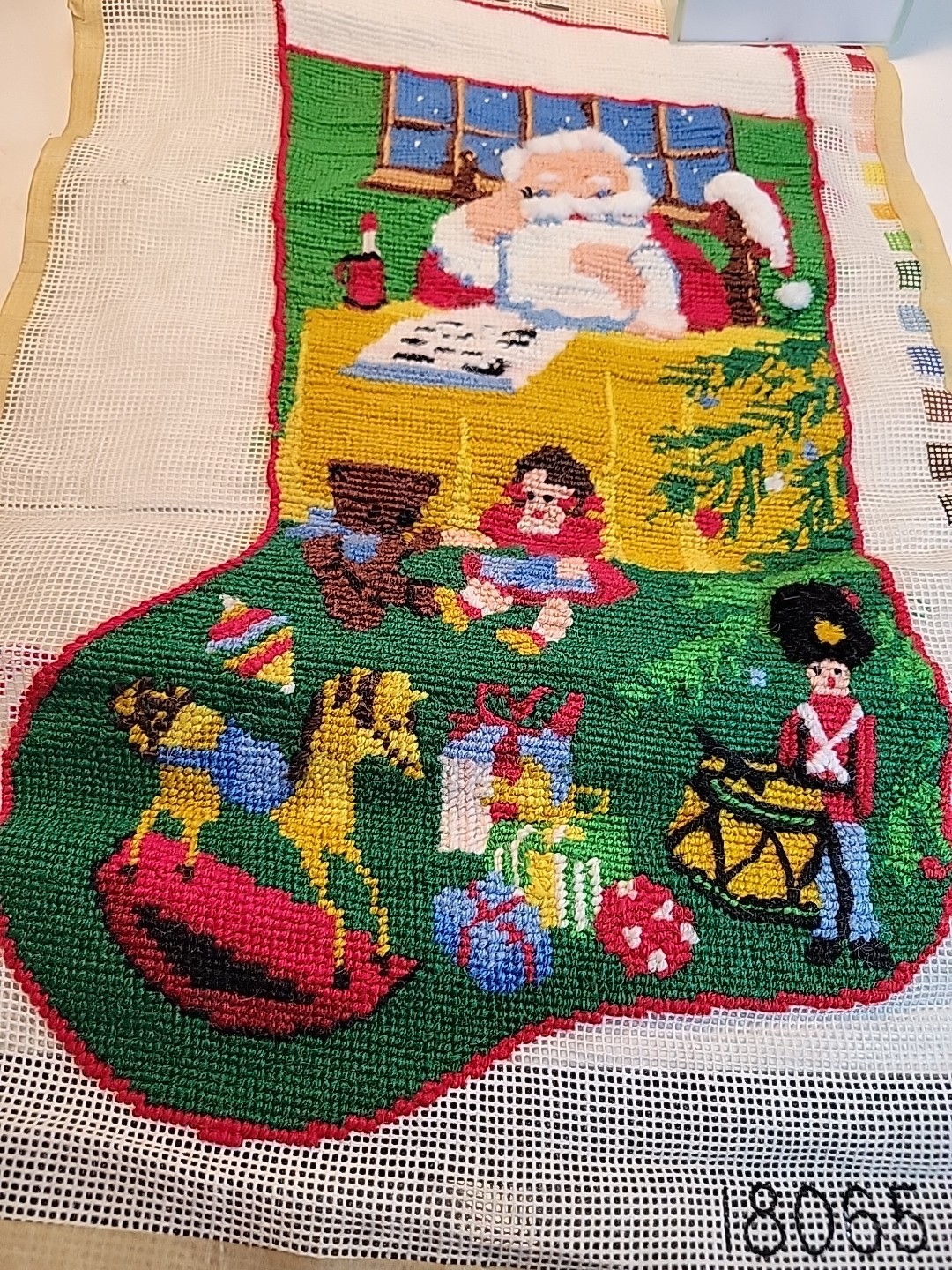 Preworked Needlepoint Canvas Santa Christmas Stocking Petit Point 18065