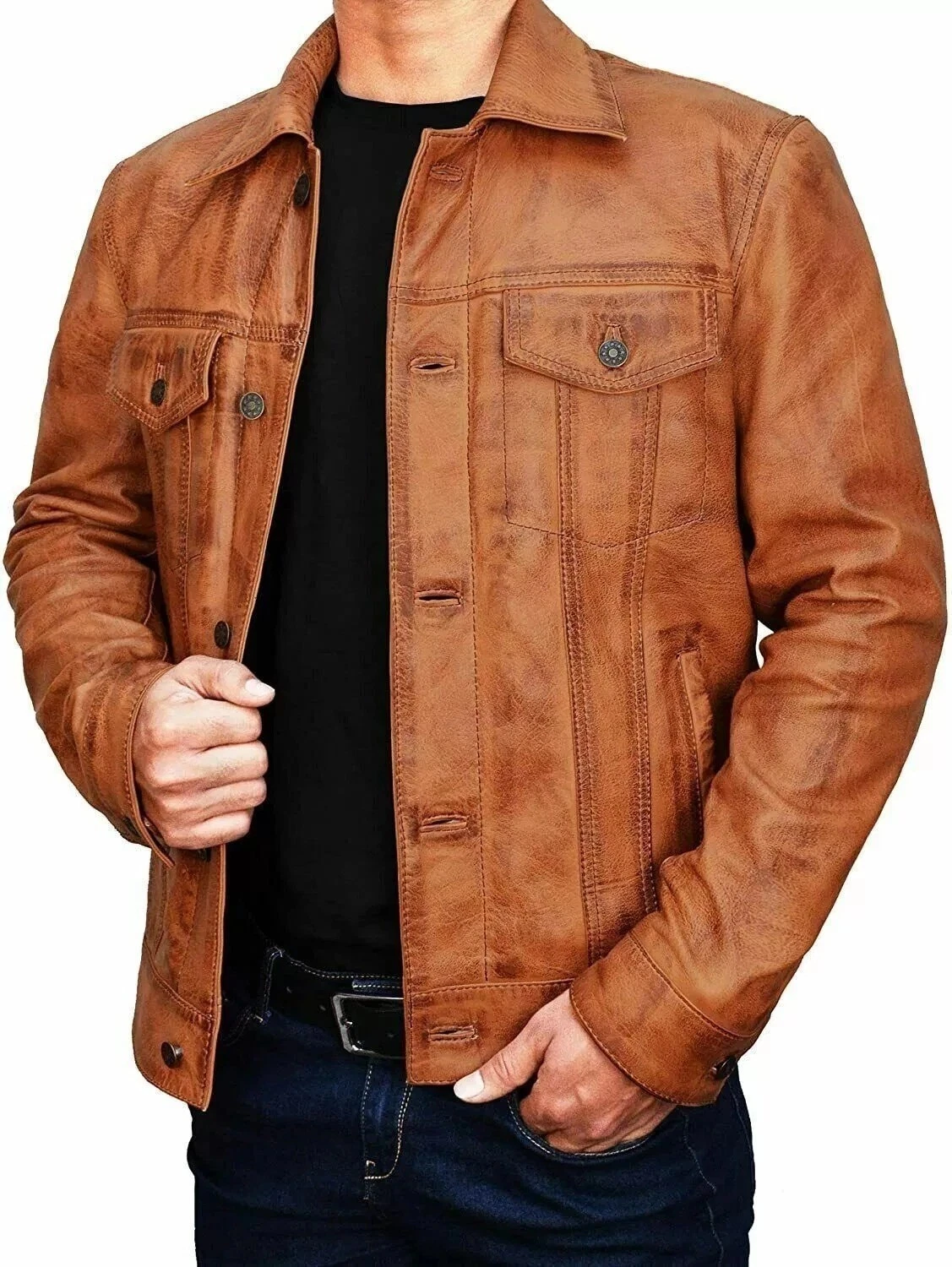 Men's Vintage Tan Brown Lambskin Leather Trucker Jacket Classic Retro Style