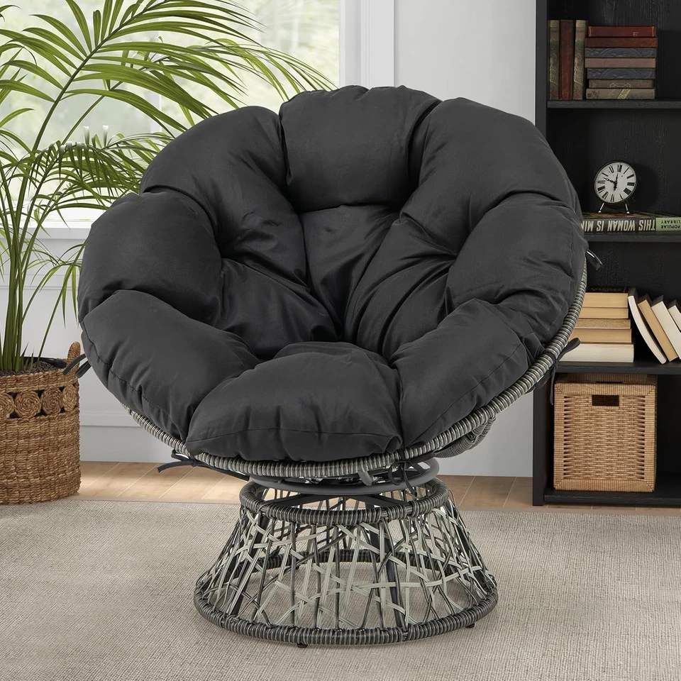 PE Wicker Papasan Chair with 360° Swivel Base, Comfy Papasan Lounge Chair W/Thic - Image 3 of 4