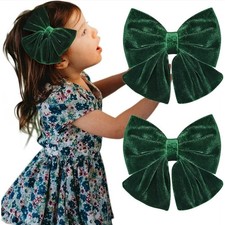 Velvet Hair Bows Girls 6" 2 Big Green Bow Alligator Clips for Kids Hair Clips s4