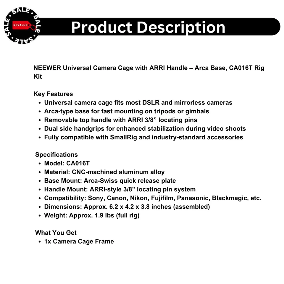 NEEWER Universal Camera Cage with ARRI Handle – Arca Base, CA016T Rig Kit - Image 2 of 4