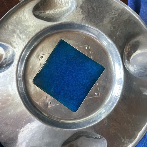 Cellini Craft 1930 Argental Handwrought Aluminum Tray w/ Beautiful Blue Tile - Picture 4 of 9
