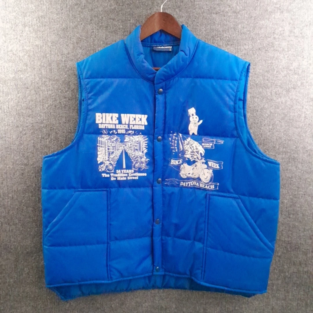 Vintage 90s Bike Week Vest Mens XL Blue Puffer Sleeveless Graphic Print 1995 USA