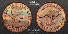 1955 (P) Australia Half Penny - Toned - MS62 NGC - Kangaroo Coin, Rainbow Toning