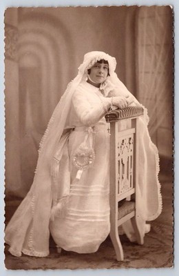 Antique France First Holy Communion girl with rosary 1920s RPPC