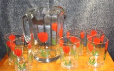1940's MCM Bartlett-Collins Juice Pitcher w/ Six 4 oz Glasses  Tulip Pattern