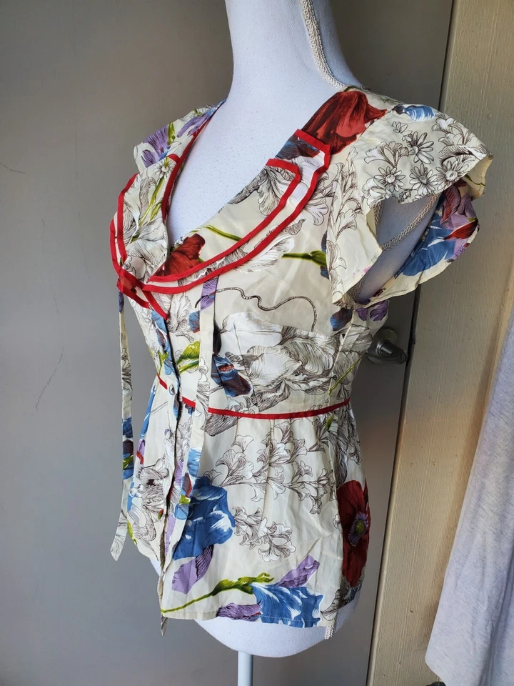 Blusa con botones Odille Antropologie para mujer 0 azul púrpura rojo mezcla de seda volantes Foto 3 de 4