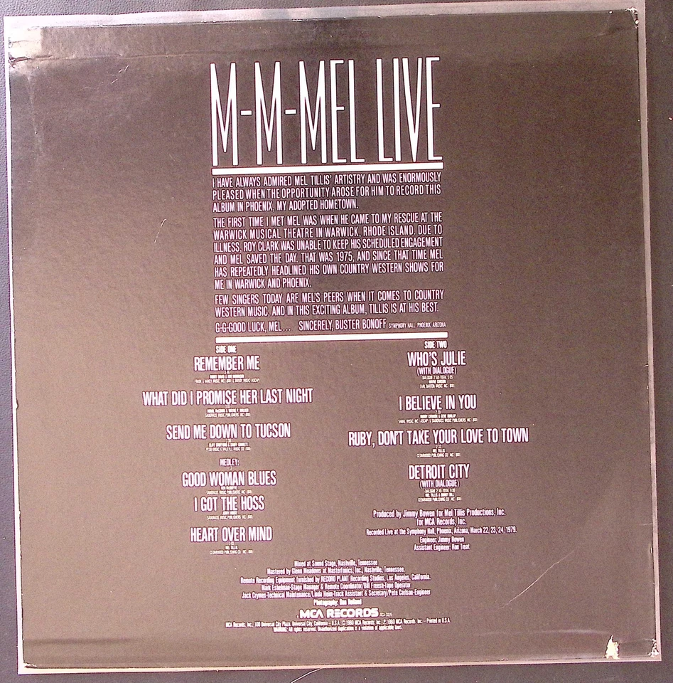 MEL TILLIS AND THE STATESIDERS M-M-MEL LIVE MCA RECORDS VINYL LP 116-68W - Image 2 of 4