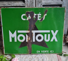 ANCIENNE PLAQUE EMAILLEE PUBLICITAIRE CAFES MONTOUX DOUBLE FACE EQUERRE