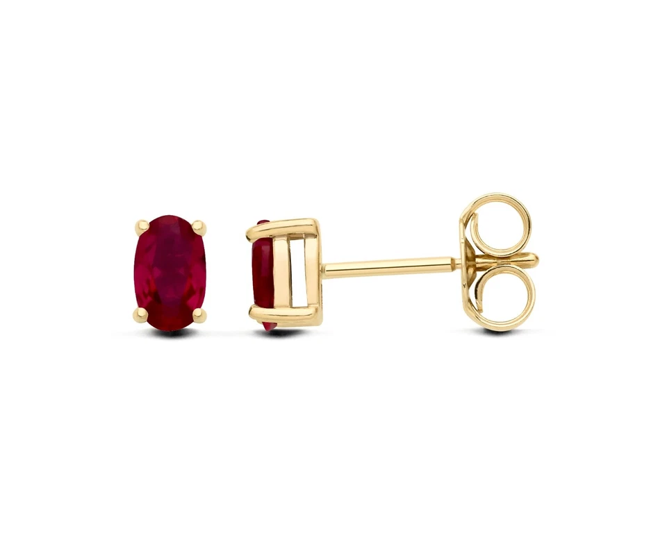 9ct Yellow Gold Created Ruby Oval Solitaire Stud Earrings - July Birthstone - Image 2 of 4