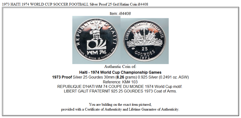 1973 HAITI 1974 WORLD CUP SOCCER FOOTBALL Silver Proof 25 Grd