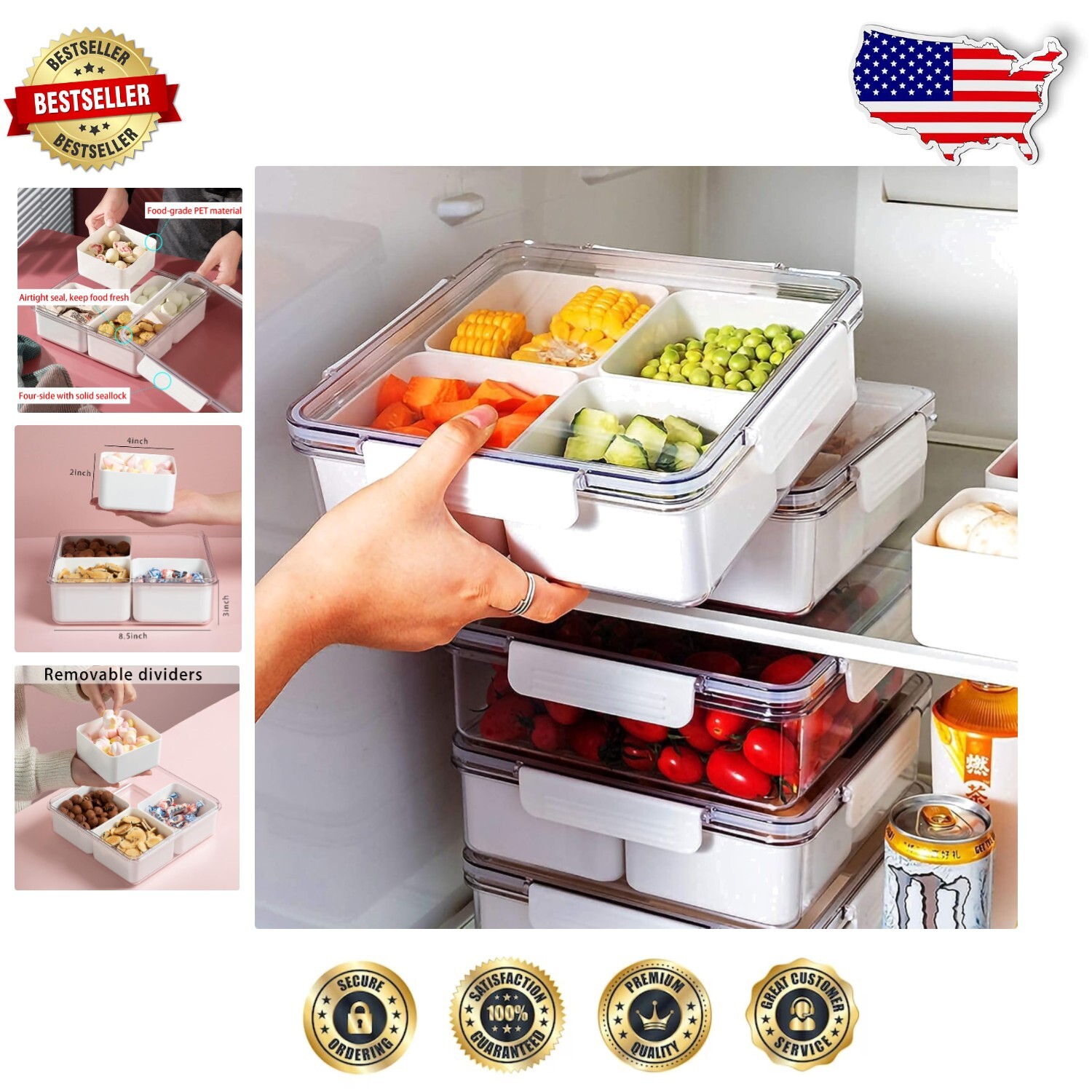 3-Pack Leakproof Snack Containers with Removable Dividers for On-the-Go Fresh Food