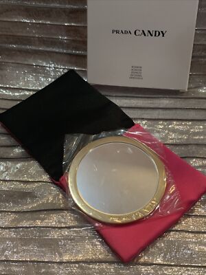 PRADA CANDY BEAUTIFUL BLACK/GOLD TRAVEL MIRROR W PINK SATIN POUCH