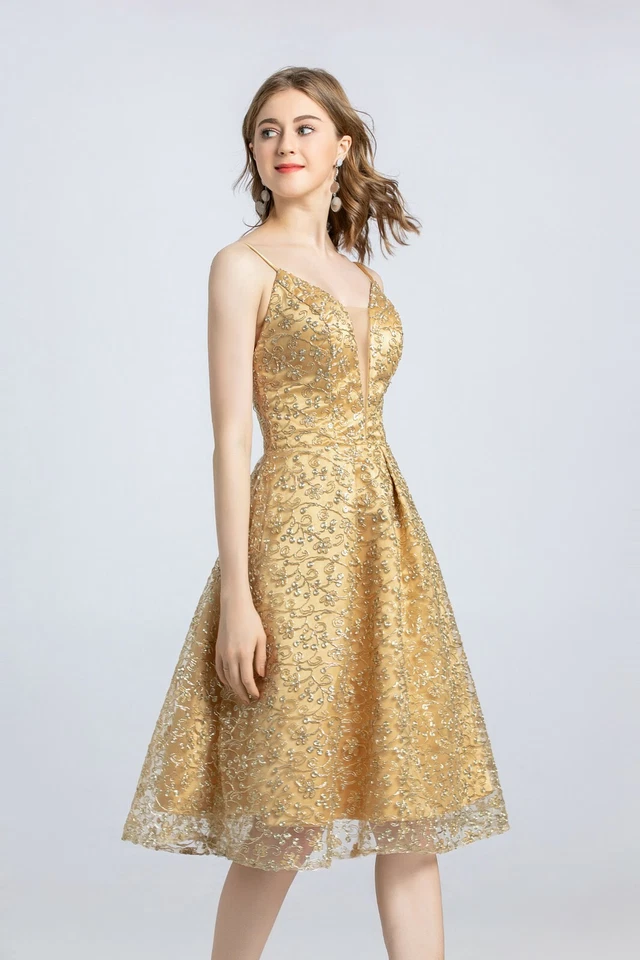 Sexy Vestido de Fiesta de Diseñadores Mujeres Sin Mangas Profundo V Dorado Encaje Hasta la Rodilla Vestidos Foto 3 de 4