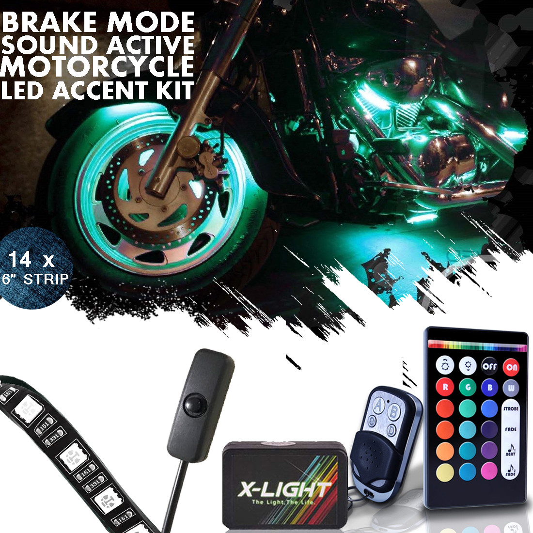 Motorcycle H.D LED Neon Under Glow 14 Strip Lighting Kit For
