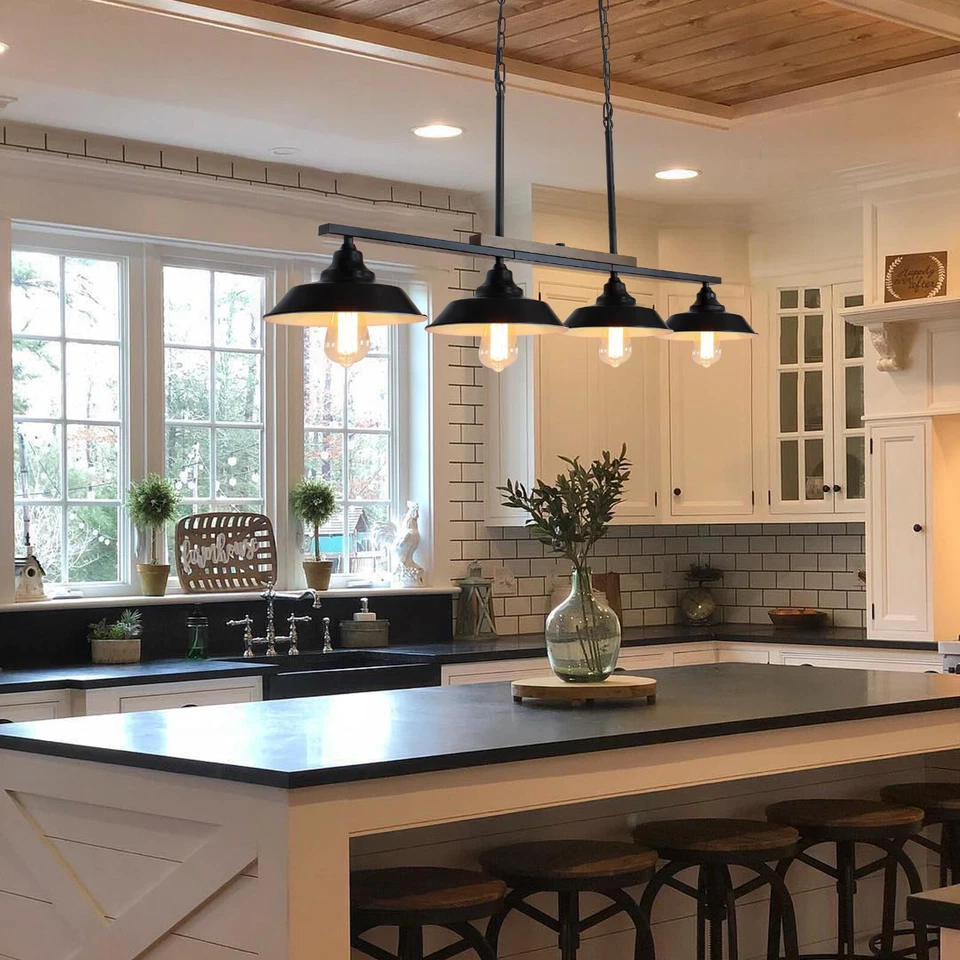 Moderna 4 Luces Lámpara Colgante Lineal Negra, Luz Isla Cocina Granja 44 pulgadas Foto 3 de 4