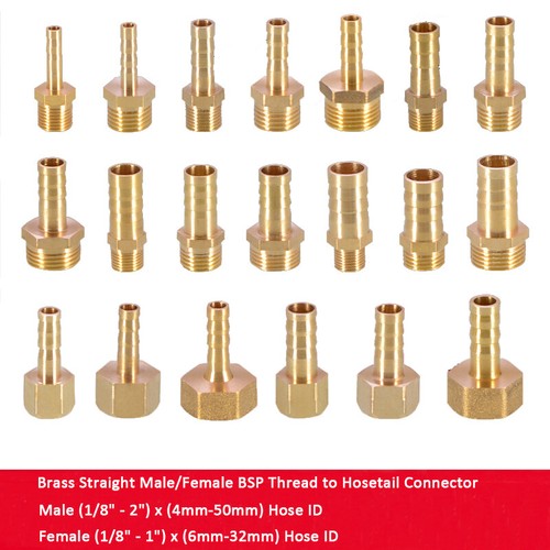 Brass Straight Barbed Hose Connector Male/Female BSP to Water Air Fuel