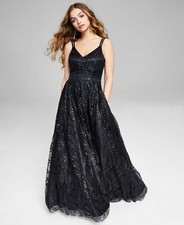 Blondie Nites Womens Juniors’ Glitter Illusion-Strap Mesh Ball Gown Dress, Bl...