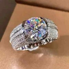 3CT Round Cut Real Moissanite Engagement Men's Ring 14K White Gold Plated Silver
