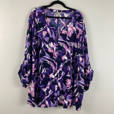 Catherines Breezeway Georgette Blouse 5X Painterly Floral Button Up 3/4 Sleeves