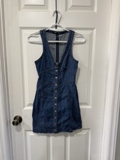 Express Denim Mini Dress Dark Blue V Neck Snap Down Hippy Style Festival Size XS